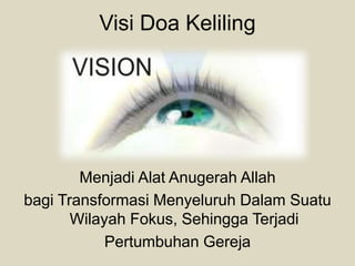Visi Doa Keliling
Menjadi Alat Anugerah Allah
bagi Transformasi Menyeluruh Dalam Suatu
Wilayah Fokus, Sehingga Terjadi
Pertumbuhan Gereja
 