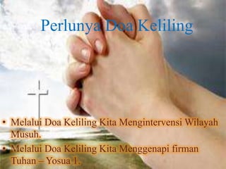 Perlunya Doa Keliling
• Melalui Doa Keliling Kita
Mengintervensi Wilayah
Musuh.
• Melalui Doa Keliling Kita
Menggenapi firman
Tuhan – Yosua 1.
• Melalui Doa Keliling Kita
Memancangkan Panji-
panji Kristus.
• Melalui Doa Keliling Kita Mengintervensi Wilayah
Musuh.
• Melalui Doa Keliling Kita Menggenapi firman
Tuhan – Yosua 1.
Perlunya Doa Keliling
 