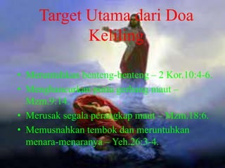 Target Utama dari Doa Keliling
• Meruntuhkan benteng-benteng – 2 Kor.10:4-6.
• Menghancurkan pintu gerbang maut –
Mzm.9:14.
• Merusak segala perangkap maut – Mzm.18:6.
• Memusnahkan tembok dan meruntuhkan
menara-menaranya – Yeh.26:3-4.
• Meruntuhkan benteng-benteng – 2 Kor.10:4-6.
• Menghancurkan pintu gerbang maut –
Mzm.9:14.
• Merusak segala perangkap maut – Mzm.18:6.
• Memusnahkan tembok dan meruntuhkan
menara-menaranya – Yeh.26:3-4.
Target Utama dari Doa
Keliling
 
