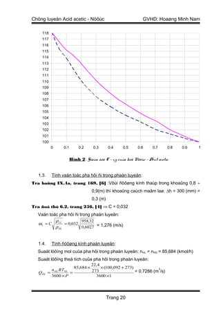 Chöng luyeän Acid acetic - Nöôùc                               GVHD: Hoaøng Minh Nam

     118
     117
     116
     115
     114
     113
     112
     111
     110
     109
     108
     107
     106
     105
     104
     103
     102
     101
     100
           0     0.1        0.2      0.3      0.4    0.5    0.6     0.7      0.8   0.9   1


                       Hình 2: Giaûn ñoà T – x,y cuûa heä Nöôùc – Axit axetic


  1.3.     Tính vaän toác pha hôi ñi trong phaàn luyeän :
Tra baûng IX.4a, trang 169, [6] :Vôùi ñöôøng kính thaùp trong khoaûng 0,8 ÷
                                    0,9(m) thì khoaûng caùch maâm laø: ∆h = 300 (mm) =
                                    0,3 (m)
Tra ñoà thò 6.2, trang 256, [4] ⇒ C = 0,032
  Vaän toác pha hôi ñi trong phaàn luyeän:
          ρ LL          958,32
  ωL = C       = 0,032
          ρ HL          0,6027 = 1,276 (m/s)


  1.4.     Tính ñöôøng kính phaàn luyeän:
  Suaát löôïng mol cuûa pha hôi trong phaàn luyeän: n HL = nHD = 85,684 (kmol/h)
  Suaát löôïng theå tích cuûa pha hôi trong phaàn luyeän:
                                    22,4
                         85,684 ×        × (100,092 + 273)            3
           n RT                     273                    = 0,7286 (m /s)
   Q HL   = HL HL =
           3600 × P                   3600 ×1




                                              Trang 20
 