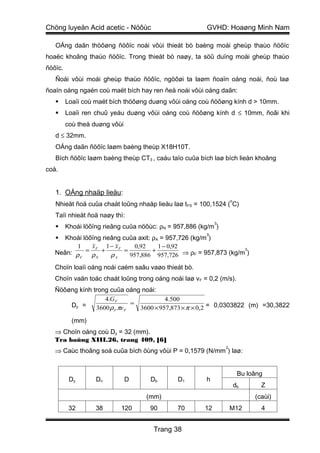 Chöng luyeän Acid acetic - Nöôùc                         GVHD: Hoaøng Minh Nam

   OÁng daãn thöôøng ñöôïc noái vôùi thieát bò baèng moái gheùp thaùo ñöôïc
hoaëc khoâng thaùo ñöôïc. Trong thieát bò naøy, ta söû duïng moái gheùp thaùo
ñöôïc.
   Ñoái vôùi moái gheùp thaùo ñöôïc, ngöôøi ta laøm ñoaïn oáng noái, ñoù laø
ñoaïn oáng ngaén coù maët bích hay ren ñeå noái vôùi oáng daãn:
        Loaïi coù maët bích thöôøng duøng vôùi oáng coù ñöôøng kính d > 10mm.
        Loaïi ren chuû yeáu duøng vôùi oáng coù ñöôøng kính d ≤ 10mm, ñoâi khi
         coù theå duøng vôùi
   d ≤ 32mm.
   OÁng daãn ñöôïc laøm baèng theùp X18H10T.
   Bích ñöôïc laøm baèng theùp CT3 , caáu taïo cuûa bích laø bích lieàn khoâng
coå.


   1. OÁng nhaäp lieäu:
                                                                     o
   Nhieät ñoä cuûa chaát loûng nhaäp lieäu laø t FS = 100,1524 ( C)
   Taïi nhieät ñoä naøy thì:
                                                             3
        Khoái löôïng rieâng cuûa nöôùc: ρN = 957,886 (kg/m )
                                                        3
     Khoái löôïng rieâng cuûa axit: ρA = 957,726 (kg/m )
          1    xF 1 − xF       0,92    1 − 0,92
   Neân: ρ = ρ + ρ         =         +                           3

           F     N     A     957,886 957,726 ⇒ ρF = 957,873 (kg/m )

   Choïn loaïi oáng noái caém saâu vaøo thieát bò.
   Choïn vaän toác chaát loûng trong oáng noái laø v F = 0,2 (m/s).
   Ñöôøng kính trong cuûa oáng noái:
                   4.G F                 4.500
       Dy =                   =
                3600 ρ F πv F   3600 × 957,873 × π × 0,2 = 0,0303822 (m) =30,3822

           (mm)
   ⇒ Choïn oáng coù Dy = 32 (mm).
   Tra baûng XIII.26, trang 409, [6]
                                                                 2
   ⇒ Caùc thoâng soá cuûa bích öùng vôùi P = 0,1579 (N/mm ) laø:


                                                                          Bu loâng
          Dy       Dn          D     Db        D1       h
                                                                         db      Z
                                    (mm)                                       (caùi)
          32       38       120      90        70       12           M12         4


                                       Trang 38
 