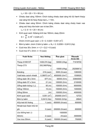 Chöng luyeän Acid acetic - Nöôùc                          GVHD: Hoaøng Minh Nam

         L3 = 30 + 20 + 10 = 60 (m)
     Chieàu daøi oáng 100mm: Choïn toång chieàu daøi oáng hôi ôû ñænh thaùp
      vaø oáng hôi ôû ñaùy thaùp laø L4 = 10m.
     Chieàu daøi oáng 50mm: Choïn toång chieàu daøi oáng chaûy traøn vaø
      oáng xaû ñaùy töø boàn cao vò laø 20m.
         L5 = 2. 6 + 8 + 20 = 40 (m)
     Kính quan saùt: ñöôøng kính laø 180mm, daøy 20mm
             π        2           2
         S = 4 . 0,18 = 0,025 (m )
                                                           2
      Choïn 2 kính quan saùt ⇒ S = 2. 0,025 = 0,051 (m )
     Bôm ly taâm: choïn 2 bôm ly taâm ⇒ Nb = 2. 0,0206 = 0,0412 (Hp)
     Cuùt inox 38 x 3mm: n = (1 + 2).2 = 6 (caùi)
     Cuùt inox 57 x 3mm: n = 6 (caùi)

          Vaät lieäu            Soá löôïng           Ñôn giaù        Thaønh
                                                                     tieàn (ñ)
   Theùp X18H10T               1438,374 (kg)         50000 (ñ/kg)      71918700
   Theùp CT3                   252,56876(kg
                                               )     10000 (ñ/kg)     2525687,6
   Buloâng                            216 (caùi)     5000 (ñ/caùi)      1080000
                                              3                 3
   Vaät lieäu caùch nhieät      0,38973 (m )       4000000 (ñ/m )       1558920
   OÁng daãn 38 x 3mm                   677 (m)       50000 (ñ/m)      33850000
   OÁng daãn 57 x 3mm                    21 (m)      100000 (ñ/m)       2100000
   OÁng daãn loûng ( L3)                 60 (m)      100000 (ñ/m)       6000000
   OÁng 100mm                            10 (m)      100000 (ñ/m)       1000000
   OÁng 50mm                                (m)      100000 (ñ/m)       4000000
                                              2                 2
   Kính quan saùt                  0,051 (m )       250000 (ñ/m )         12723
   Bôm ly taâm                   0,0412 (Hp)        700000 (ñ/Hp)         28840
   AÙp keá töï ñoäng                    1 (caùi)   600000 (ñ/caùi)       600000
   Nhieät keá ñieän trôû töï
   ghi                                  3 (caùi)   200000 (ñ/caùi)       600000
   Löu löôïng keá (≥                                     1500000
   50mm)                                2 (caùi)          (ñ/caùi)      3000000
   Van inox 50mm                        5 (caùi)   150000 (ñ/caùi)       750000


                                        Trang 69
 