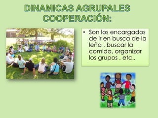 DINAMICAS AGRUPALES COOPERACIÓN:Son los encargados de ir en busca de la leña , buscar la comida, organizar los grupos , etc..