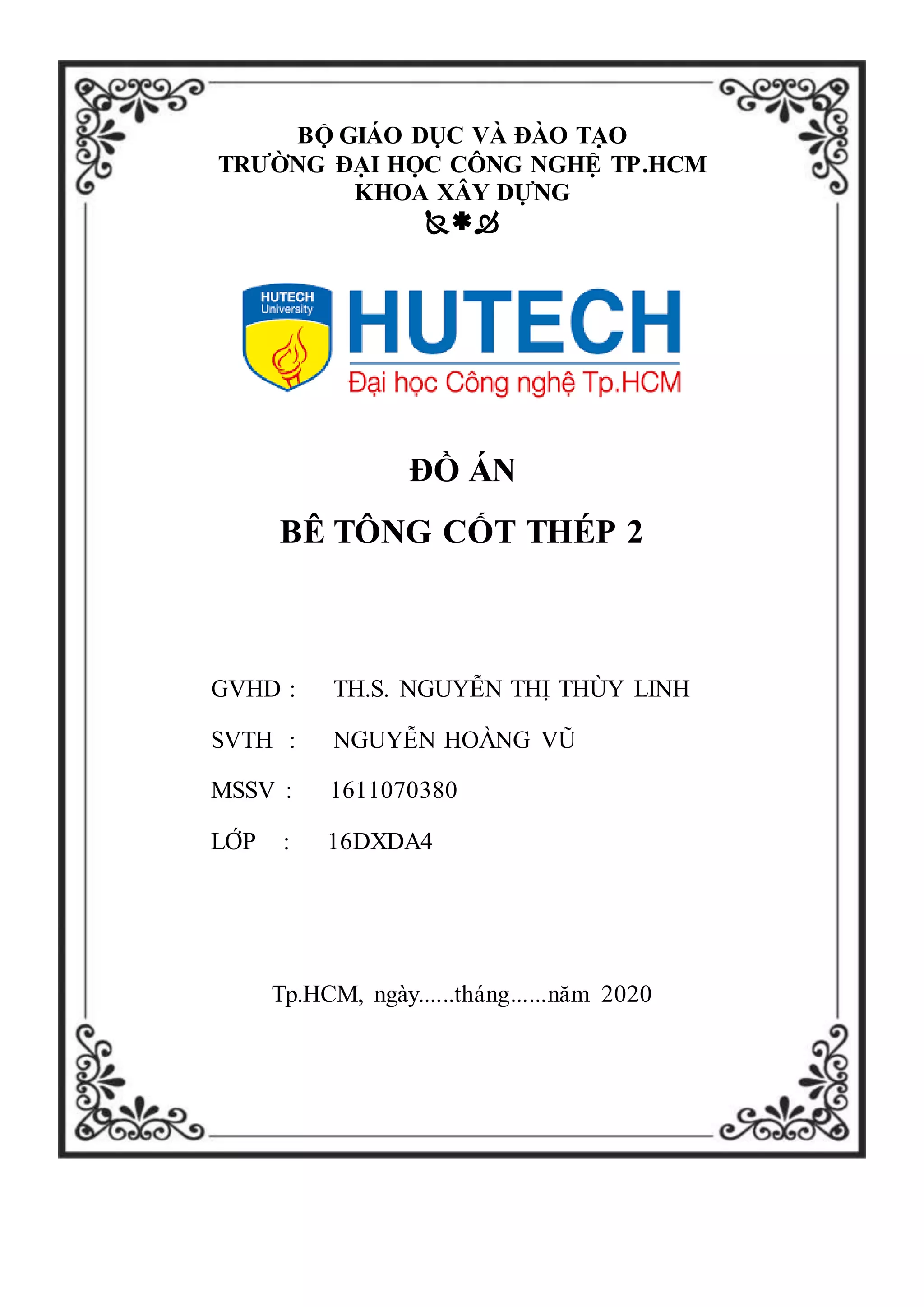 đồ án bê tông cốt thép 2 (HUTECH) | DOCX