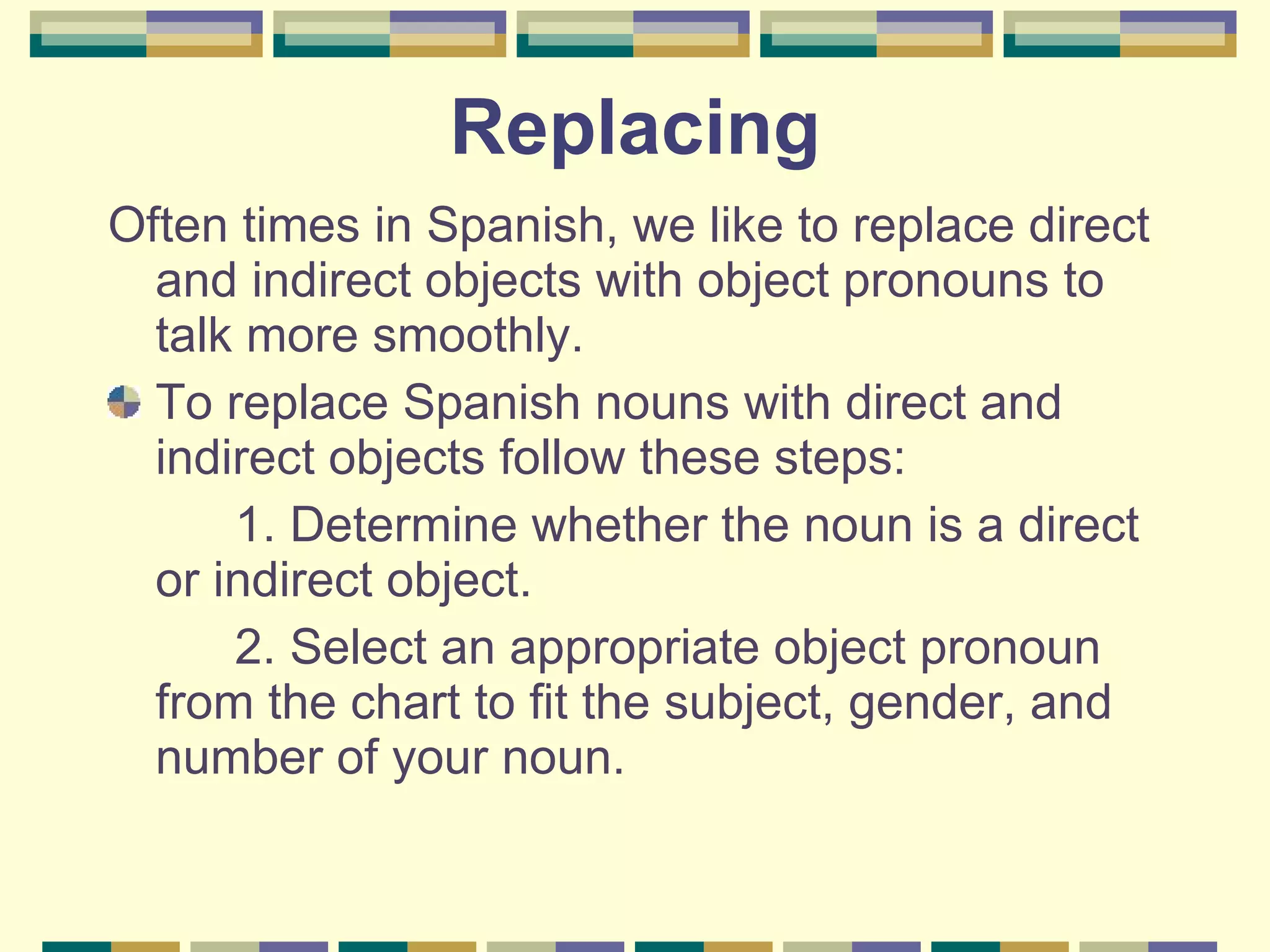 Replacing Often times in Spanish, we like to replace direct and indirect objects with object pronouns to talk more smoothly. To replace Spanish nouns with direct and indirect objects follow these steps: 1. Determine whether the noun is a direct or indirect object. 2. Select an appropriate object pronoun from the chart to fit the subject, gender, and number of your noun.   