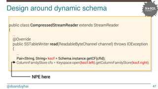 Design around dynamic schema! 
@doanduyhai 
47 
public class CompressedStreamReader extends StreamReader 
{ 
… 
@Override ...