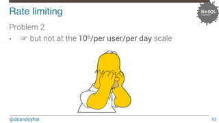Rate limiting! 
@doanduyhai 
63 
Problem 2 
• ☞ but not at the 106/per user/per day scale 
 