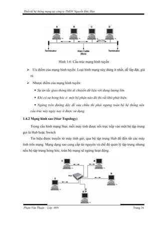 Thiết kế hệ thống mạng tại công ty TMDV Nguyễn Đức Hào
Hình 1.6: Cấu trúc mạng hình tuyến
 Ưu điểm của mạng hình tuyến: Loại hình mạng này dùng ít nhất, dễ lắp đặt, giá
rẻ.
 Nhược điểm của mạng hình tuyến:
 Sự ùn tắc giao thông khi di chuyển dữ liệu với dung lượng lớn.
 Khi có sự hỏng hóc ở một bộ phận nào đó thì rất khó phát hiện.
 Ngừng trên đường dây để sửa chữa thì phải ngưng toàn bộ hệ thống nên
cấu trúc này ngày nay ít được sử dụng.
1.4.2 Mạng hình sao (Star Topology)
Trong cấu hình mạng Star, mỗi máy tính được nối trực tiếp vào một bộ tập trung
gọi là Hub hoặc Switch
Tín hiệu được truyền từ máy tính gửi, qua bộ tập trung Hub để đến tất các máy
tính trên mạng. Mạng dạng sao cung cấp tài nguyên và chế độ quản lý tập trung nhưng
nếu bộ tập trung hỏng hóc, toàn bộ mạng sẽ ngừng hoạt động.
Phạm Văn Thuận – Lớp: 09N Trang 16
 