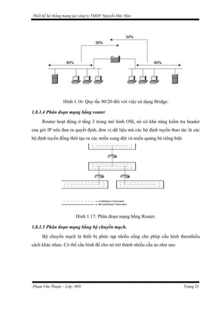 Thiết kế hệ thống mạng tại công ty TMDV Nguyễn Đức Hào
Hình 1.16: Quy tắc 80/20 đối với việc sử dụng Bridge.
1.8.1.4 Phân đoạn mạng bằng router
Router hoạt động ở tầng 3 trong mô hình OSI, nó có khả năng kiểm tra header
của gói IP nên đưa ra quyết định, đơn vị dữ liệu mà các bộ định tuyến thao tác là các
bộ định tuyến đồng thời tạo ra các miền xung đột và miền quảng bá riêng biệt.
Hình 1.17: Phân đoạn mạng bằng Router.
1.8.1.5 Phân đoạn mạng bằng bộ chuyển mạch.
Bộ chuyển mạch là thiết bị phức tạp nhiều cổng cho phép cấu hình theonhiều
cách khác nhau. Có thể cấu hình để cho nó trở thành nhiều cầu ảo như sau:
Phạm Văn Thuận – Lớp: 09N Trang 25
 