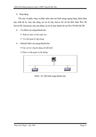 Thiết kế hệ thống mạng tại công ty TMDV Nguyễn Đức Hào
 Hoạt động
Yêu cầu về phần cứng và phần mềm như mô hình mạng ngang hàng, điểm khác
duy nhất đó là: máy nào đóng vai trò là máy Server thì cài hệ điều hành Win 2K
Server/2K Advanced, máy nào đóng vai trò là máy khách thì cài Win 9X/Me/2K/XP.
 - Ưu điểm của mạng khách/chủ:
 Tính an toàn và bảo mật cao.
 Cơ chế quản lý tập trung.
 - Khuyết điểm của mạng khách/chủ:
 Các server chuyên dụng rất đắt tiền
 Phải có nhà quản trị hệ thống
Hình 1.22: Mô hình mạng khách chủ.
Phạm Văn Thuận – Lớp: 09N Trang 31
 