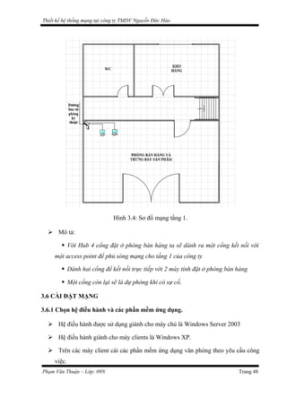 Thiết kế hệ thống mạng tại công ty TMDV Nguyễn Đức Hào
Hình 3.4: Sơ đồ mạng tầng 1.
 Mô tả:
 Với Hub 4 cổng đặt ở phòng bán hàng ta sẽ dành ra một cổng kết nối với
một access point để phủ sóng mạng cho tầng 1 của công ty
 Dành hai cổng để kết nối trực tiếp với 2 máy tính đặt ở phòng bán hàng
 Một cổng còn lại sẽ là dự phòng khi có sự cố.
3.6 CÀI ĐẶT MẠNG
3.6.1 Chọn hệ điều hành và các phần mềm ứng dụng.
 Hệ điều hành được sử dụng giành cho máy chủ là Windows Server 2003
 Hệ điều hành giành cho máy clients là Windows XP.
 Trên các máy client cài các phần mềm ứng dụng văn phòng theo yêu cầu công
việc.
Phạm Văn Thuận – Lớp: 09N Trang 48
 