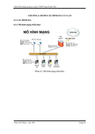 Thiết kế hệ thống mạng tại công ty TMDV Nguyễn Đức Hào
CHƯƠNG 4: DEMO CẤU HÌNH ISA VÀ VLAN
4.1 CẤU HÌNH ISA
4.1.1 Mô hình mạng triển khai
Hình 4.1: Mô hình mạng triển khai.
Phạm Văn Thuận – Lớp: 09N Trang 50
 