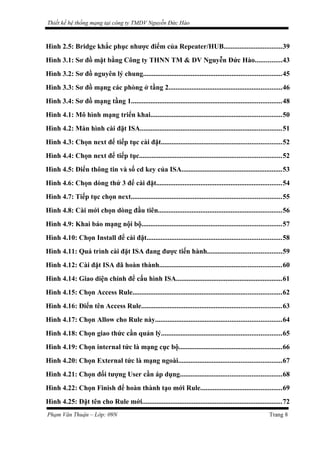 Thiết kế hệ thống mạng tại công ty TMDV Nguyễn Đức Hào
Hình 2.5: Bridge khắc phục nhược điểm của Repeater/HUB.................................39
Hình 3.1: Sơ đồ mặt bằng Công ty THNN TM & DV Nguyễn Đức Hào...............43
Hình 3.2: Sơ đồ nguyên lý chung..............................................................................45
Hình 3.3: Sơ đồ mạng các phòng ở tầng 2................................................................46
Hình 3.4: Sơ đồ mạng tầng 1.....................................................................................48
Hình 4.1: Mô hình mạng triển khai..........................................................................50
Hình 4.2: Màn hình cài đặt ISA................................................................................51
Hình 4.3: Chọn next để tiếp tục cài đặt....................................................................52
Hình 4.4: Chọn next để tiếp tục................................................................................52
Hình 4.5: Điển thông tin và số cd key của ISA.........................................................53
Hình 4.6: Chọn dòng thứ 3 để cài đặt.......................................................................54
Hình 4.7: Tiếp tục chọn next.....................................................................................55
Hình 4.8: Cài mới chọn dòng đầu tiên......................................................................56
Hình 4.9: Khai báo mạng nội bộ...............................................................................57
Hình 4.10: Chọn Install để cài đặt............................................................................58
Hình 4.11: Quá trình cài đặt ISA đang được tiến hành..........................................59
Hình 4.12: Cài đặt ISA đã hoàn thành.....................................................................60
Hình 4.14: Giao diện chính để cấu hình ISA............................................................61
Hình 4.15: Chọn Access Rule....................................................................................62
Hình 4.16: Điển tên Access Rule...............................................................................63
Hình 4.17: Chọn Allow cho Rule này.......................................................................64
Hình 4.18: Chọn giao thức cần quản lý....................................................................65
Hình 4.19: Chọn internal tức là mạng cục bộ..........................................................66
Hình 4.20: Chọn External tức là mạng ngoài..........................................................67
Hình 4.21: Chọn đối tượng User cần áp dụng.........................................................68
Hình 4.22: Chọn Finish để hoàn thành tạo mới Rule..............................................69
Hình 4.25: Đặt tên cho Rule mới...............................................................................72
Phạm Văn Thuận – Lớp: 09N Trang 8
 