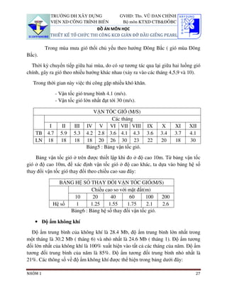 TRƯỜNG ĐH XÂY DỰNG                GVHD: Ths. VŨ ĐAN CHỈNH
           VIỆN XD CÔNG TRÌNH BIỂN            Bộ môn KTXD CTB&ĐÔBC
                               ĐỒ ÁN MÔN HỌC
           THIẾT KẾ TỔ CHỨC THI CÔNG KCĐ GIÀN ĐỠ ĐẦU GIẾNG PEARL

         Trong mùa mưa gió thổi chủ yếu theo hướng Đông Bắc ( gió mùa Đông
Bắc).

  Thời kỳ chuyển tiếp giữa hai mùa, do có sự tương tác qua lại giữa hai luồng gió
chính, gây ra gió theo nhiều hướng khác nhau (xảy ra vào các tháng 4,5,9 và 10).

   Trong thời gian này việc thi công gặp nhiều khó khăn.

             - Vận tốc gió trung bình 4.1 (m/s).
             - Vận tốc gió lớn nhất đạt tới 30 (m/s).

                               VẬN TỐC GIÓ (M/S)
                                       Các tháng
        I       II    III   IV V VI VII VIII               IX     X    XI    XII
    TB 4.7     5.9    5.3   4.2 2.8 3.6 4.1 4.3            3.6   3.4   3.7   4.1
    LN 18      18     18    18 20 26 30 23                 22    20    18    30
                            Bảng5 : Bảng vận tốc gió.

    Bảng vận tốc gió ở trên được thiết lập khi đo ở độ cao 10m. Từ bảng vận tốc
gió ở độ cao 10m, để xác định vận tốc gió ở độ cao khác, ta dựa vào bảng hệ số
thay đổi vận tốc gió thay đổi theo chiều cao sau đây:

              BẢNG HỆ SỐ THAY ĐỔI VẬN TỐC GIÓ(M/S)
                           Chiều cao so với mặt đất(m)
                   10       20      40       60      100   200
            Hệ số   1      1.25    1.55     1.75     2.1   2.6
                  Bảng6 : Bảng hệ số thay đổi vận tốc gió.

   • Độ ẩm không khí

  Độ ẩm trung bình của không khí là 28.4 Mb, độ ẩm trung bình lớn nhất trong
một tháng là 30.2 Mb ( tháng 6) và nhỏ nhất là 24.6 Mb ( tháng 1). Độ ẩm tương
đối lớn nhất của không khí là 100% xuất hiện vào tất cả các tháng của năm. Độ ẩm
tương đối trung bình của năm là 85%. Độ ẩm tương đối trung bình nhỏ nhất là
21%. Các thông số về độ ẩm không khí được thể hiện trong bảng dưới đây:

NHÓM 1                                                                         27
 