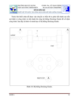 TRƯỜNG ĐH XÂY DỰNG              GVHD: Ths. VŨ ĐAN CHỈNH
          VIỆN XD CÔNG TRÌNH BIỂN          Bộ môn KTXD CTB&ĐÔBC
                              ĐỒ ÁN MÔN HỌC
          THIẾT KẾ TỔ CHỨC THI CÔNG KCĐ GIÀN ĐỠ ĐẦU GIẾNG PEARL

   Trước khi khối chân đế được vận chuyển ra biển thì ta phải tiến hành san nền
nơi định vị công trình và tiến hành thi công hệ thống Docking Guide để cố định
công trình. Sau đây là hình vẽ minh họa về hệ thống Docking Guide:



             A                                                             A
 seabad




                                                      CỌC




                                    MẶT CẮT      A


                      Hình 18: Hệ thống Docking Guide.



NHÓM 1                                                                      33
 