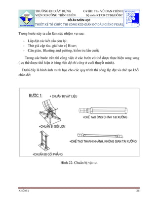 TRƯỜNG ĐH XÂY DỰNG              GVHD: Ths. VŨ ĐAN CHỈNH
            VIỆN XD CÔNG TRÌNH BIỂN          Bộ môn KTXD CTB&ĐÔBC
                                ĐỒ ÁN MÔN HỌC
            THIẾT KẾ TỔ CHỨC THI CÔNG KCĐ GIÀN ĐỠ ĐẦU GIẾNG PEARL

Trong bước này ta cần làm các nhiệm vụ sau:

   - Lắp đặt các kết cấu còn lại;
   - Thử giá cập tàu, giá bảo vệ Riser;
   - Cân giàn, Blasting and paiting, kiểm tra lần cuối;

     Trong các bước trên thì công việc ở các bước có thể được thực hiện song song
( cụ thể được thể hiện ở bảng tiến độ thi công ở cuôi thuyết minh).

  Dưới đây là hình ảnh minh họa cho các quy trình thi công lắp đặt và chế tạo khối
chân đế:




         B−íc 1:     + ChuÈn bÞ vËt liÖu




                                           +CHÕ T¹O ¤NG CHÝNH T¹I X¦ëNG

              +CHUÈN BÞ GèI lâm



                                  +CHÕ T¹O THANH NH¸NH, KH¤NG GIAN T¹I X¦ëNG


          +CHUÈN BÞ GèI ph¼ng

                            Hình 22: Chuẩn bị vật tư.




NHÓM 1                                                                         38
 