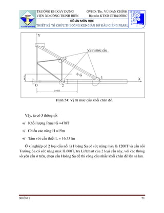 TRƯỜNG ĐH XÂY DỰNG              GVHD: Ths. VŨ ĐAN CHỈNH
           VIỆN XD CÔNG TRÌNH BIỂN          Bộ môn KTXD CTB&ĐÔBC
                               ĐỒ ÁN MÔN HỌC
           THIẾT KẾ TỔ CHỨC THI CÔNG KCĐ GIÀN ĐỠ ĐẦU GIẾNG PEARL




                       Hình 54: Vị trí móc cẩu khối chân đế.



   Vậy, ta có 3 thông số:

 +/ Khối lượng Panel G =478T

 +/ Chiều cao nâng H =15m

 +/ Tầm với cần thiết L = 16.331m

    Ở xí nghiệp có 2 loại cẩu nổi là Hoàng Sa có sức nâng max là 1200T và cẩu nổi
Trường Sa có sức nâng max là 600T, tra Liftchart của 2 loại cẩu này, với các thông
số yêu cầu ở trên, chọn cẩu Hoàng Sa để thi công cẩu nhấc khối chân đế lên sà lan.




NHÓM 1                                                                         71
 