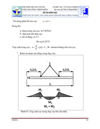 TRƯỜNG ĐH XÂY DỰNG                 GVHD: Ths. VŨ ĐAN CHỈNH
             VIỆN XD CÔNG TRÌNH BIỂN             Bộ môn KTXD CTB&ĐÔBC
                                 ĐỒ ÁN MÔN HỌC
             THIẾT KẾ TỔ CHỨC THI CÔNG KCĐ GIÀN ĐỠ ĐẦU GIẾNG PEARL

 Tải trọng phân bố của cọc:       q = γ .F .n

Trong đó:

         γ- dung trọng của cọc, γ=7.85T/m3
         F- diện tích tiết diện cọc.
         n- hệ số động, n=1.5

                            M1=q.(0.3l)2/2
                           M
Ứng suất trong cọc: σ =      < [σ ] = Fy , W- mômen kháng uốn của cọc.
                           W

     ° Kiểm tra đoạn cọc đóng trong ống váy:




            Hình 67: Ứng suất cọc trong ống váy khi cẩu nhấc.


NHÓM 1                                                                    94
 