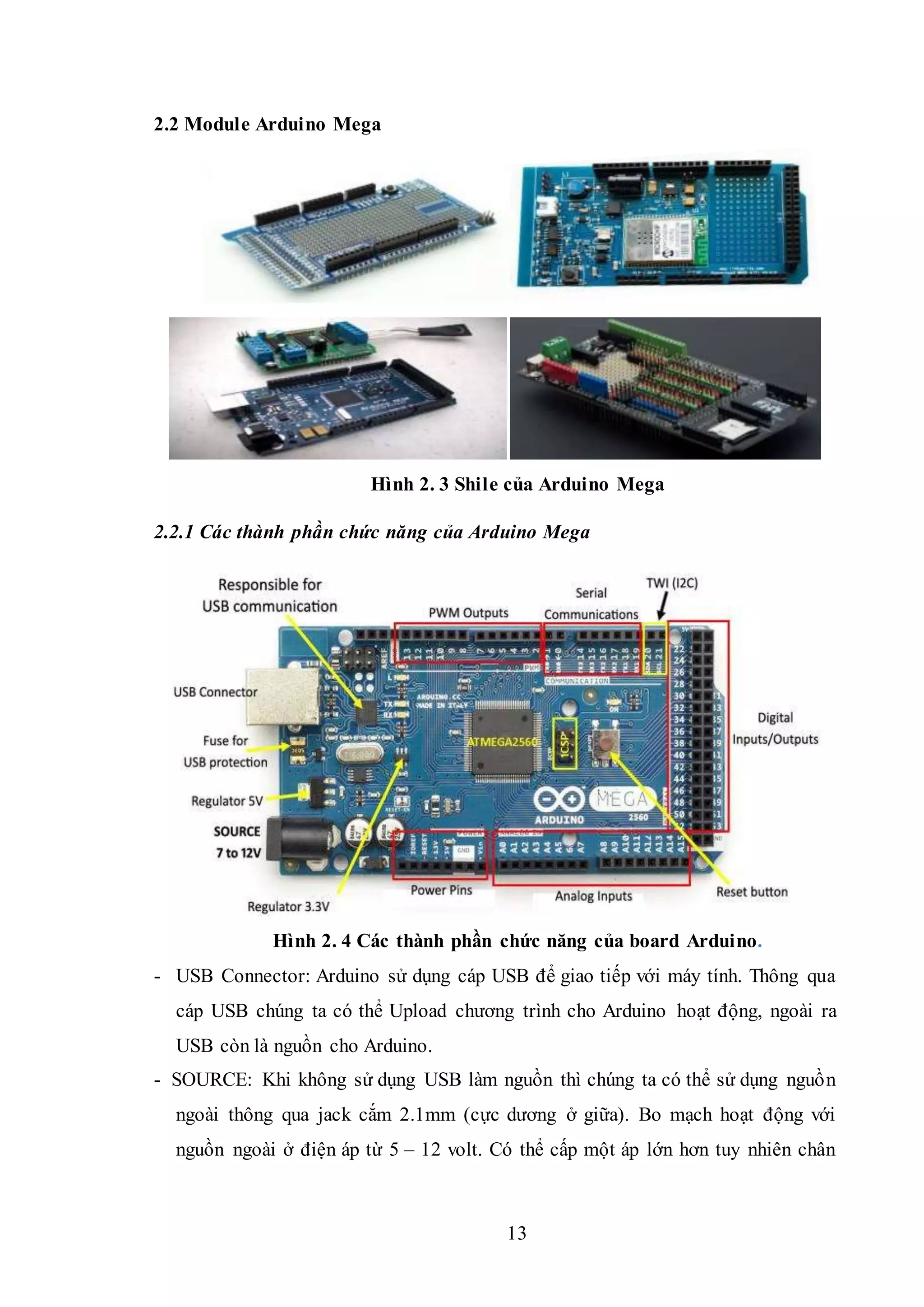 13
2.2 Module Arduino Mega
Hình 2. 3 Shile của Arduino Mega
2.2.1 Các thành phần chức năng của Arduino Mega
Hình 2. 4 Các thành phần chức năng của board Arduino.
- USB Connector: Arduino sử dụng cáp USB để giao tiếp với máy tính. Thông qua
cáp USB chúng ta có thể Upload chương trình cho Arduino hoạt động, ngoài ra
USB còn là nguồn cho Arduino.
- SOURCE: Khi không sử dụng USB làm nguồn thì chúng ta có thể sử dụng nguồn
ngoài thông qua jack cắm 2.1mm (cực dương ở giữa). Bo mạch hoạt động với
nguồn ngoài ở điện áp từ 5 – 12 volt. Có thể cấp một áp lớn hơn tuy nhiên chân
 
