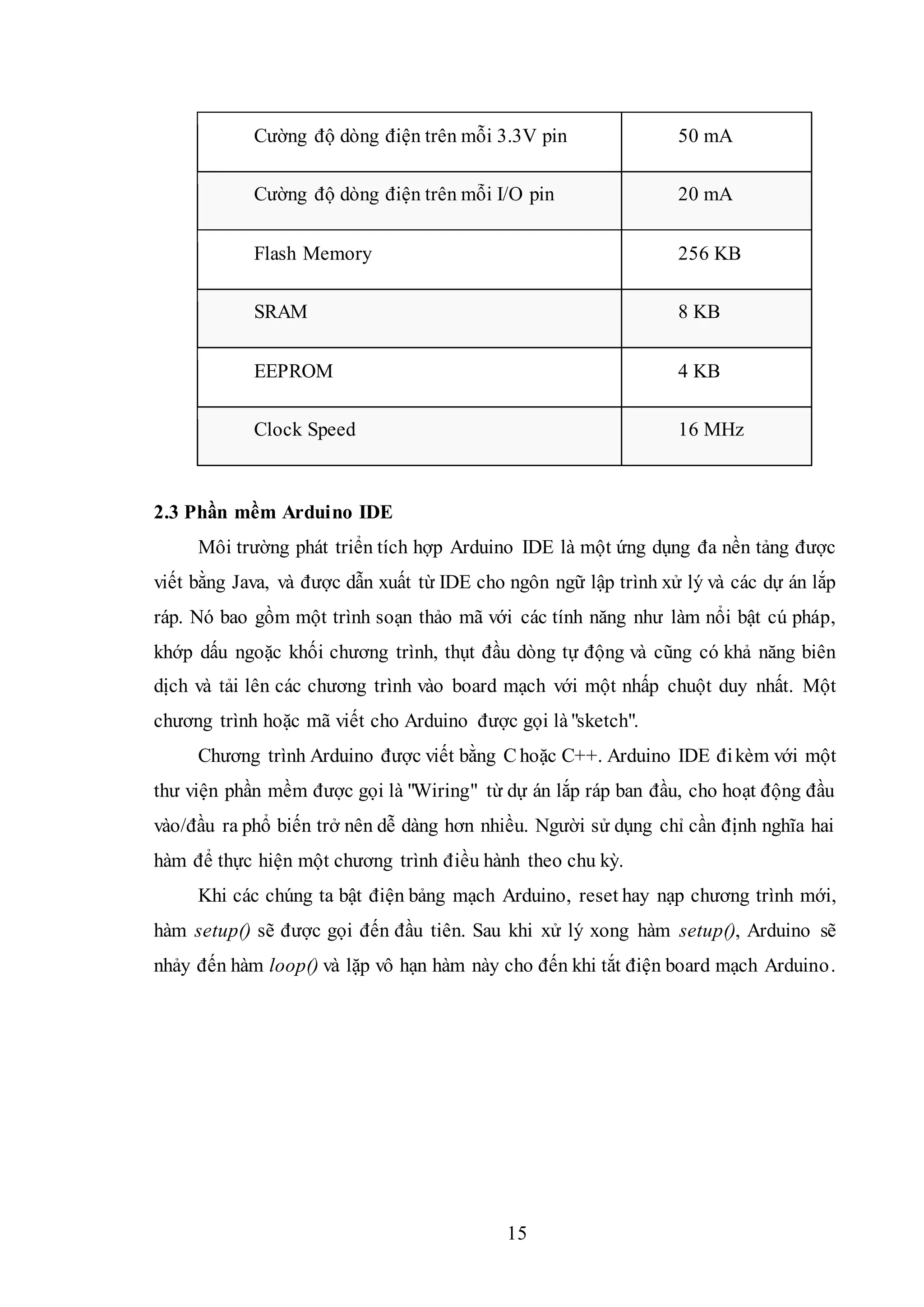 15
Cường độ dòng điện trên mỗi 3.3V pin 50 mA
Cường độ dòng điện trên mỗi I/O pin 20 mA
Flash Memory 256 KB
SRAM 8 KB
EEPROM 4 KB
Clock Speed 16 MHz
2.3 Phần mềm Arduino IDE
Môi trường phát triển tích hợp Arduino IDE là một ứng dụng đa nền tảng được
viết bằng Java, và được dẫn xuất từ IDE cho ngôn ngữ lập trình xử lý và các dự án lắp
ráp. Nó bao gồm một trình soạn thảo mã với các tính năng như làm nổi bật cú pháp,
khớp dấu ngoặc khối chương trình, thụt đầu dòng tự động và cũng có khả năng biên
dịch và tải lên các chương trình vào board mạch với một nhấp chuột duy nhất. Một
chương trình hoặc mã viết cho Arduino được gọi là"sketch".
Chương trình Arduino được viết bằng C hoặc C++. Arduino IDE đikèm với một
thư viện phần mềm được gọi là "Wiring" từ dự án lắp ráp ban đầu, cho hoạt động đầu
vào/đầu ra phổ biến trở nên dễ dàng hơn nhiều. Người sử dụng chỉ cần định nghĩa hai
hàm để thực hiện một chương trình điều hành theo chu kỳ.
Khi các chúng ta bật điện bảng mạch Arduino, reset hay nạp chương trình mới,
hàm setup() sẽ được gọi đến đầu tiên. Sau khi xử lý xong hàm setup(), Arduino sẽ
nhảy đến hàm loop() và lặp vô hạn hàm này cho đến khi tắt điện board mạch Arduino.
 