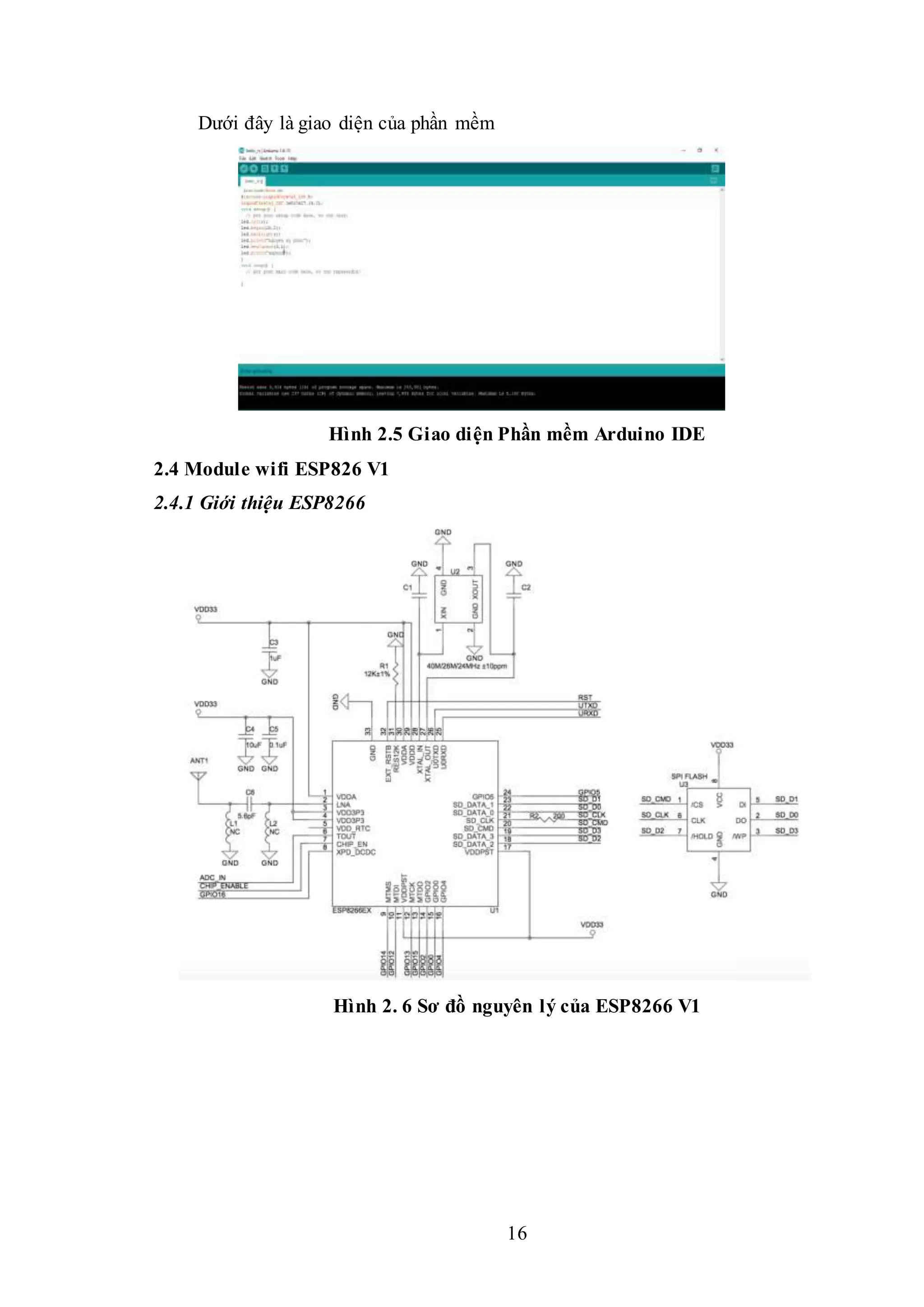 16
Dưới đây là giao diện của phần mềm
Hình 2.5 Giao diện Phần mềm Arduino IDE
2.4 Module wifi ESP826 V1
2.4.1 Giới thiệu ESP8266
Hình 2. 6 Sơ đồ nguyên lý của ESP8266 V1
 