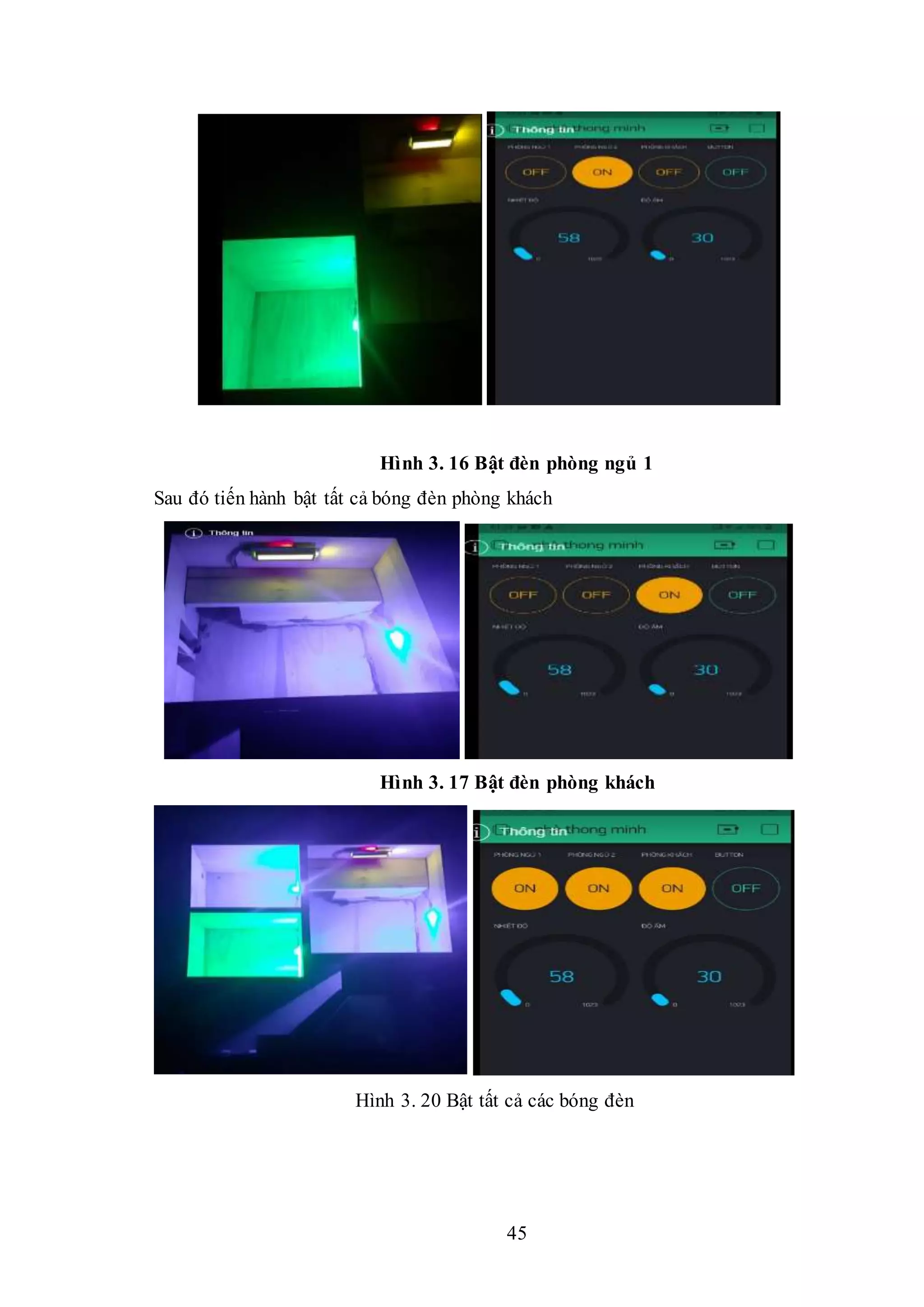 45
Hình 3. 16 Bật đèn phòng ngủ 1
Sau đó tiến hành bật tất cả bóng đèn phòng khách
Hình 3. 17 Bật đèn phòng khách
Hình 3. 20 Bật tất cả các bóng đèn
 