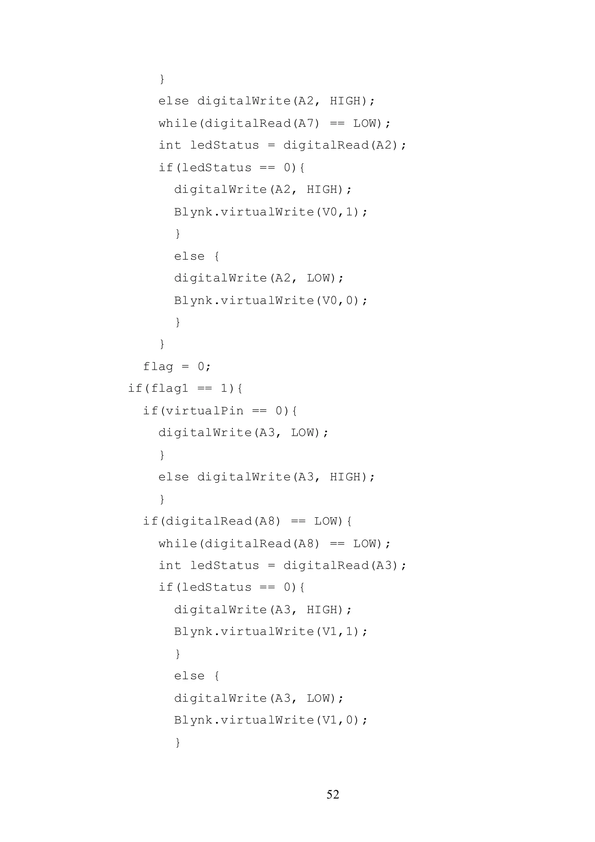52
}
else digitalWrite(A2, HIGH);
while(digitalRead(A7) == LOW);
int ledStatus = digitalRead(A2);
if(ledStatus == 0){
digitalWrite(A2, HIGH);
Blynk.virtualWrite(V0,1);
}
else {
digitalWrite(A2, LOW);
Blynk.virtualWrite(V0,0);
}
}
flag = 0;
if(flag1 == 1){
if(virtualPin == 0){
digitalWrite(A3, LOW);
}
else digitalWrite(A3, HIGH);
}
if(digitalRead(A8) == LOW){
while(digitalRead(A8) == LOW);
int ledStatus = digitalRead(A3);
if(ledStatus == 0){
digitalWrite(A3, HIGH);
Blynk.virtualWrite(V1,1);
}
else {
digitalWrite(A3, LOW);
Blynk.virtualWrite(V1,0);
}
 