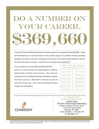 DO A NUMBER ON
         YOUR CAREER.

    $369,660
           The top 500 Financial Representatives at Guardian agencies earn approximately $369,660*. Along

           with the freedom to run your business your way and the support of a powerful company providing

           exceptional products, resources, technology and training, our Financial Representatives have all

           the tools they need to succeed. Is that the kind of success you’re looking for?

                                                                                                                           will you BE at the
           If you’ve spent your career helping people build their
                                                                                                                           top of your class?
           success, it’s time to receive the compensation you deserve.
                                                                                                                           Class of 2008                    $271,279.00
           And Guardian provides those rewards. We c h a m p i o n
                                                                                                                           Class of 2007                    $358,545.00
           entrepreneurs by providing everything necessary to succeed.
                                                                                                                           Class of 2006                    $367,666.00
           The rest is up to you. That’s what it means to do good, do
           well and do it your way. Learn more at GuardianLife.com or                                                      Class of 2005                    $299,875.00

           contact your local agency.                                                                                      Class of 2004                    $452,256.00

                                                                                                                           Class of 2003                    $181,658.00



          *Guardian’s top 500 Financial Representatives averaged $369,660 in salary, incentive, compensation and commissions. The total number of FRs surveyed was 3,659.
                                                                                                                            Guardian is
                                                                                                                          represented by:
                                                                                                                           Jill MH Taber
                                                                                                                Director of Recruiting & Marketing
                                                                                                                      Northern Rockies Financial Group
                                                                                                                           1014 South Avenue West
                                                                                                                             Missoula, MT 59801
                                                                                                                      o: 406.728.6699 / c: 406.490.5216
                                                                                                                              jill_taber@glic.com

LIFE    INSURANCE           •   RETIREMENT SERVICES                   •   INVESTMENTS            •   DISABILITY INCOME               INSURANCE          •   EMPLOYEE          BENEFITS

© 2009. Individual disability income products provided by Berkshire Life Insurance Company of America, Pittsfield, MA a wholly owned stock subsidiary of The Guardian Life Insurance Company of
America, New York, NY. Investments are offered through Park Avenue Securities LLC (PAS), 7 Hanover Square, New York, NY 10004. PAS is an indirect wholly owned subsidiary of The Guardian
Life Insurance Company of America, New York, NY.PAS, member FINRA, SIPC.
 