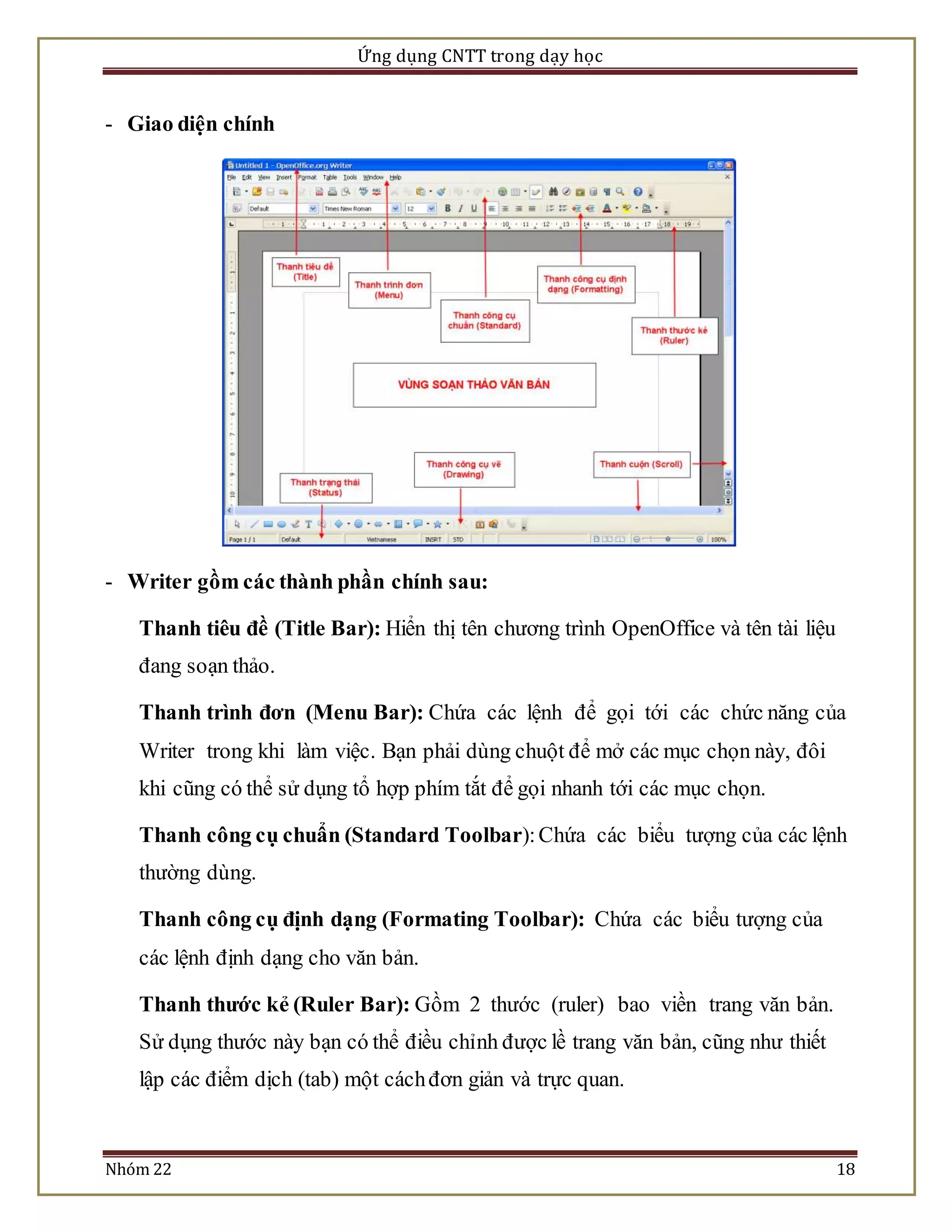 Ứng dụng CNTT trong dạy học 
- Giao diện chính 
- Writer gồm các thành phần chính sau: 
Thanh tiêu đề (Title Bar): Hiển thị tên chương trình OpenOffice và tên tài liệu 
đang soạn thảo. 
Thanh trình đơn (Menu Bar): Chứa các lệnh để gọi tới các chức năng của 
Writer trong khi làm việc. Bạn phải dùng chuột để mở các mục chọn này, đôi 
khi cũng có thể sử dụng tổ hợp phím tắt để gọi nhanh tới các mục chọn. 
Thanh công cụ chuẩn (Standard Toolbar): Chứa các biểu tượng của các lệnh 
thường dùng. 
Thanh công cụ định dạng (Formating Toolbar): Chứa các biểu tượng của 
các lệnh định dạng cho văn bản. 
Thanh thước kẻ (Ruler Bar): Gồm 2 thước (ruler) bao viền trang văn bản. 
Sử dụng thước này bạn có thể điều chỉnh được lề trang văn bản, cũng như thiết 
lập các điểm dịch (tab) một cách đơn giản và trực quan. 
Nhóm 22 18 
 