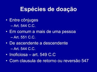 Espécies de doação 
• Entre cônjuges 
– Art. 544 C.C. 
• Em comum a mais de uma pessoa 
– Art. 551 C.C. 
• De ascendente a descendente 
– Art. 544 C.C. 
• Inoficiosa – art. 549 C.C 
• Com clausula de retorno ou reversão 547 
 