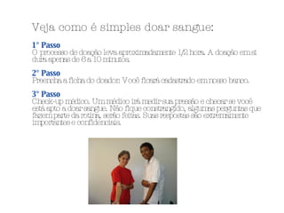 Veja como é simples doar sangue: 1° Passo O processo de doação leva aproximadamente 1/2 hora. A doação em si dura apenas de 6 a 10 minutos. 2° Passo Preencha a ficha do doador. Você ficará cadastrado em nosso banco. 3° Passo Check-up médico. Um médico irá medir sua pressão e checar se você está apto a doar sangue. Não fique constrangido, algumas perguntas que fazem parte da rotina, serão feitas. Suas respostas são extremamente importantes e confidenciais. 
