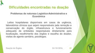 Dificuldades encontradas na doação
24/10/2016Doação de Órgãos 22
Leitos hospitalares disponíveis em casos de urgência,
laboratórios clínicos que sejam responsáveis pela remoção e
conservação do órgão, infraestrutura e funcionamento
adequado de entidades responsáveis diretamente para
localização, recolhimento dos órgãos e escolha do doador,
visitas de agente sanitário, psicólogos.
Problemas de natureza Logístico-Administrativa e
Econômica
 
