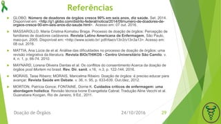 Referências
 GLOBO. Número de doadores de órgãos cresce 90% em seis anos, diz saúde. Set. 2014.
Disponível em: <http://g1.globo.com/distrito-federal/noticia/2014/09/numero-de-doadores-de-
orgaos-cresce-90-em-seis-anos-diz-saude.html>. Acesso em: 07 out. 2016.
 MASSAROLLO, Maria Cristina Komatsu Braga. Processo de doação de órgãos: Percepção de
familiares de doadores cadáveres. Revista Latino Americana de Enfermagem, São Paulo,
maio-jun. 2005. Disponível em: <http://www.scielo.br/ pdf/rlae/v13n3/v13n3a13>. Acesso em:
08 out. 2016.
 MATTIA, Ana Lúcia de et al. Análise das dificuldades no processo de doação de órgãos: uma
revisão integrativa da literatura. Revista BIOεTHIKOS - Centro Universitário São Camilo. v.
4, n. 1, p. 66-74. 2010.
 MAYNARD, Lorena Oliveira Dantas et al. Os conflitos do consentimento Acerca da doação de
órgãos post Mortem no brasil. Rev. Dir. sanit. v.16, n.3, p. 122-144. 2016.
 MORAIS, Taise Ribeiro; MORAIS, Maricelma Ribeiro. Doação de órgãos: é preciso educar para
avançar. Revista Saúde em Debate. v. 36, n. 95, p. 633-639. Out./dez, 2012.
 MORTON, Patrícia Gonce; FONTAINE, Dorrie K. Cuidados críticos de enfermagem: uma
abordagem holística. Revisão técnica Ivone Evangelista Cabral; Tradução Aline Vecchi et al.
Guanabara Koogan, Rio de Janeiro, 9 Ed., 2011.
24/10/2016Doação de Órgãos 29
 