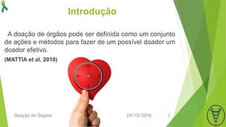 Introdução
24/10/2016Doação de Órgãos 3
A doação de órgãos pode ser definida como um conjunto
de ações e métodos para fazer de um possível doador um
doador efetivo.
(MATTIA et al, 2010)
 