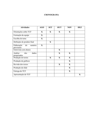 CRONOGRAMA
Atividades AGO SET OUT NOV DEZ
Orientações sobre TCF X X X X
Formação da equipe X
Escolha do tema X
Definição do produto final X
Elaboração do sumário
provisório
X
Entrevista com alunos X
Análise dos dados
pesquisados
X X
Produção de textos X X X
Produção de gráficos X
Revisão dos textos X X
Produção de slide X
Entrega do TCF X
Apresentação do TCF X
 