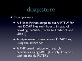 doap:store
• 3 components:
 • A 5-lines Python script to query PTSW for
    new DOAP ﬁles each hour ... instead of
    cra...
