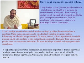 Care sunt scopurile acestei tabere:   1.veţi învăţa o cale (care cuprinde o viziune, o înţelegere spirituală şi o metodă) de  transformare interioară. Sper ca mulţi  dintre voi să înceapă să iubească meditaţia  şi să descopere adevărata ei forţă în  revelarea naturii noastre divine şi a  Realităţii Ultime, Dumnezeu.   2. veţi învăţa metode directe de liniştire a minţii şi chiar de transcendere a acesteia. Când mintea noastră este cu adevărat liniştită nu mai suntem influentaţi de identitatea personală, de nume, trecut, viitor, apartenenţă socială; nu mai există nici ambiţii şi nici neîmpliniri spirituale. Ramâne doar o prezenţă pură a ceea ce suntem cu adevărat. În acest fel viaţa noastră se impregnează de sacralitate.   3.  veţi întelege necesitatea acordării unei mai mari importanţe Inimii Spirituale  în viaţa voastră (nu numai prin intermediul lectiilor teoretice, ci trăind în  intimitatea Inimii Spirituale). Calea către Inima Spirituala trece prin sufletul  nostru.  