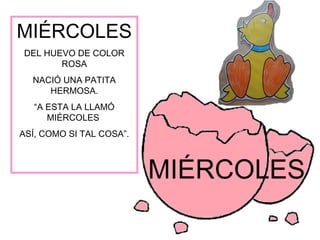 MIÉRCOLES
MIÉRCOLES
DEL HUEVO DE COLOR
ROSA
NACIÓ UNA PATITA
HERMOSA.
“A ESTA LA LLAMÓ
MIÉRCOLES
ASÍ, COMO SI TAL COSA”.
 