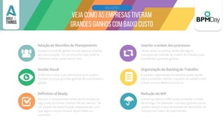 22
SOLUÇÕES
Adoção de Reuniões de Planejamento
Feudos e handoffs geram muitas esperas e falhas
de comunicação. Ter um encontro que junte as
diferentes áreas pode reduzir isso.
Gestão Visual
O fato de colocar suas demandas num quadro
Kanban já trouxe grandes ganhos de visibilidade e
gestão.
Definition of Ready
Assumir o compromisso antes de ter certeza de
algo pode aumentar o tempo do seu serviço. Ter
um padrão de especificação adequada faz com
que alguns compromissos sejam feitos no
upstream.
Inverter a ordem dos processos
Testar antes ou assinar antes são alguns
exemplos de inversão da ordem de trabalho que
possibilitam grandes ganhos.
Organização do Backlog de Trabalho
A simples organização do trabalho pode ajudar
você a entender melhor o quanto de trabalho tem
a fazer e como deverá priorizá-lo.
Redução do WIP
Limitar ou reduzir o WIP pode aumentar a vazão
de entrega. Por exemplo: contratos guarda-chuva
podem reduzir a taxa de entrada de demandas de
compra num setor de suprimentos.
 