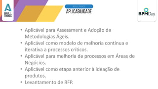 23RESULTADOS
• Aplicável para Assessment e Adoção de
Metodologias Ágeis.
• Aplicável como modelo de melhoria contínua e
iterativa a processos críticos.
• Aplicável para melhoria de processos em Áreas de
Negócios.
• Aplicável como etapa anterior à ideação de
produtos.
• Levantamento de RFP.
 