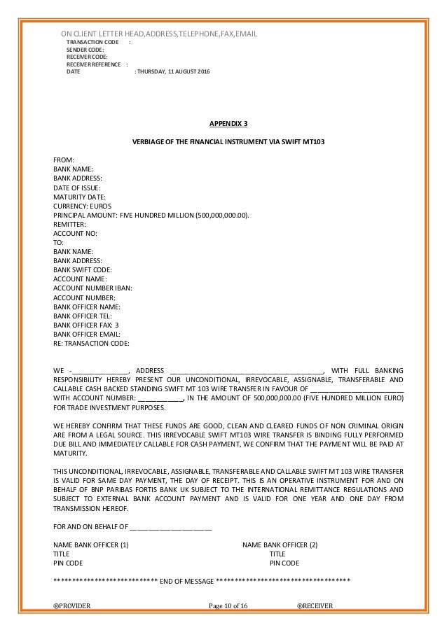 letter client validity SWIFT WAY DOA TWO MT103