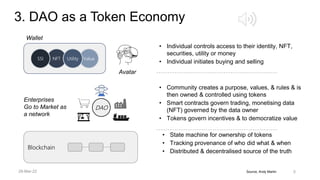 Source, Andy Martin
3. DAO as a Token Economy
• State machine for ownership of tokens
• Tracking provenance of who did what & when
• Distributed & decentralised source of the truth
Blockchain
• Individual controls access to their identity, NFT,
securities, utility or money
• Individual initiates buying and selling
Avatar

Wallet
NFT Value
Utility
SSI
• Community creates a purpose, values, & rules & is
then owned & controlled using tokens
• Smart contracts govern trading, monetising data
(NFT) governed by the data owner
• Tokens govern incentives & to democratize value
DAO
Enterprises
Go to Market as
a network
5
28-Mar-22
 