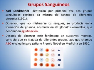 Grupos Sanguíneos
• Karl Landsteiner identificou por primeira vez aos grupos
sanguíneos partindo da mistura do sangue de diferentes
personas (1901).
• Observou que ao misturarse os sangues, se producía unha
formación de grumos, acumulación de glóbulos vermellos, que
denominou aglutinación.
• Despois de observar este fenómeno en sucesivas mostras,
concluíu que se trataba de diferentes grupos, aos que chamou
ABO e valeulle para gañar o Premio Nóbel en Medicina en 1930.
 