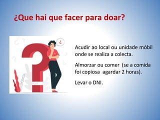 ¿Que hai que facer para doar?
Acudir ao local ou unidade móbil
onde se realiza a colecta.
Almorzar ou comer (se a comida
foi copiosa agardar 2 horas).
Levar o DNI.
 