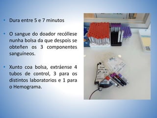 • Dura entre 5 e 7 minutos
• O sangue do doador recóllese
nunha bolsa da que despois se
obteñen os 3 componentes
sanguíneos.
• Xunto coa bolsa, extráense 4
tubos de control, 3 para os
distintos laboratorios e 1 para
o Hemograma.
 