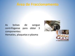 Área de Fraccionamento
As bolsas de sangue
centrifúganse para obter 3
componentes:
Hematíes, plaquetas e plasma
 
