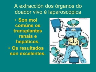 A extracción dos órganos do doador vivo é laparoscópica Son moi comúns os transplantes renais e hepáticos. Os resultados son excelentes. 