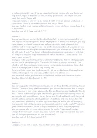 to endless trying and trying.. If you are a guy then it‟s over. Looking after your family and
help friends, so you will spend a life time just being generous and kind (except 21st born
men). And number 3s you will
be such an example of how to be in the culture & life!!! If you are girl then you have good
character and culture & hardworking attitude. You always follow.
You are a freedom lover, creative, ambition focused, a person who brings beauty , hope & joy
to this world!!!
Your best match 6 ,9. Good match 1 ,3 ,5 !!!
Number 4
You are very stubborn too, very hard working but unlucky in important matters in life, very
cool, helpful, you have rough word power.. Might put lots of people away from you, you may
cause nuisance to others if you are a man, and you often understands others and their
problems well. If you are a girl you are very good with studies and arts. If you are a guy you
spend most of the time after girl friends (almost) at times, you will have sort of too much fun
life with mates & girls. Your friends will spend your time & money and get away with their
life and you will become empty handed and don‟t know what to do… So be careful!! You
love to spend anyway!!!
Your good will is you are always there to help family and friends. Tell you what you people
are little gem! s, specially the girls.. You always fall in love in younger age as well. You
often live with disappointments, for an example you have got a degree in some thing… but
you will be unemployed..or will do very ordinary jobs.
But you will take care of your family very well…All you need to be careful of people who
will take advantage of your kind heart. And beware of your relations too..
You are radical, patient, persistent,a bit old-fashioned, you live with foundation & order…
Your best Match 1, 8. Good match 5 ,6 , 7 !!!
Number 5
You are very popular within the community, you can get things done by just chatting..to even
enemies! You have a pretty good business mind, you are often have no-idea what is today is
like, or tomorrow is like, you are a person who does anything when your head thinks “lets do
this”. You will be famous if you open up a business, get involve in share dealings, music etc..
Very popular with sense of humor ,you are the one your friends and families will always ask
for help, and you are the one actually get money on credit and help your friends. You will
have more than 1 relationship, but when u get settle down you will be a bit selfish anyway.
Coz your other half will have a pretty good amount of control in you, be careful! You tend to
go for other relationships! Contacts even you are married at times „coz your popularity..
You are someone who get along with anyone coz the number 5 is the middle number..
Changes &freedom lovers you are! You are an explorer with magic on your face. You learn
your life through experience and it‟s your best teacher!!!
Your best match 1 ,2 ,9. Good match 6 ,8 !!!
Number 6
Ooopppss..you are born to enjoy.. You don‟t care about others. I mean you are always want
 