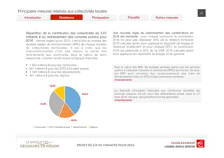 LOI	
  DE	
  FINANCES	
  POUR	
  2016	
  PROJET	
  DE	
  LOI	
  DE	
  FINANCES	
  POUR	
  2016	
  PROJET	
  DE	
  LOI	
  DE	
  FINANCES	
  POUR	
  2016	
  
Principales mesures relatives aux collectivités locales 21
Péréquation! Fiscalité! Autres mesures!Dotations!Introduction!
Répartition de la contribution des collectivités de 3,67
milliards € au redressement des comptes publics pour
2016 : mêmes règles qu’en 2015, c’est-à-dire au prorata des
recettes réelles de fonctionnement (RRF) de chaque échelon
de collectivités territoriales. Il est à noter que les
intercommunalités n’ont pas obtenu le retrait des
reversements aux communes dans le calcul de leurs
ressources, comme l’aurait voulue la logique ﬁnancière.
§  1 450 millions € pour les communes
§  621 millions € pour les EPCI à ﬁscalité propre
§  1 148 millions € pour les départements
§  451 millions € pour les régions
39,5%	
  
16,9%	
  
31,3%	
  
12,3%	
  
Communes	
   EPCI	
  à	
  ﬁscalité	
  propre	
   Départements	
   Régions	
  
Une nouvelle règle de plafonnement des contributions en
2016 est introduite : pour chaque commune, la contribution
2016 ne peut pas dépasser 50% de la dotation forfaitaire
2016 calculée après avoir appliqué le dispositif de lissage et
l’éventuel écrêtement et pour chaque EPCI, la contribution
2016 est plafonnée à 50% de sa DGF 2016 calculée après
avoir appliquer les dispositifs de lissage et de garantie.
Pour le calcul des RRF, les budgets annexes autres que les services
publics à caractère industriel et commercial (SPIC) sont inclus. De plus,
les RRF sont minorées des remboursements des frais de
fonctionnement entre un EPCI et ses communes membres.
Amendements
Le dispositif d’incitation ﬁnancière aux communes nouvelles est
prolongé jusqu’au 30 juin pour des délibérations prises avant le 31
mars 2016. De plus, des précisions ont été apportées.
Amendements
 