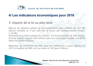 Source: indice de prix des dépenses communales
AMF BP n°10 9
3. Impacts de la loi au plan local
 Baisse de dotation global de fonctionnement pour Clohars de 107 K€
(baisse cumulée en 3 ans 281 K€) et baisse des compensations fiscales
(-24 K€).
 Création d’un fond national de soutien à l’investissement de 800 million
d’euros auquel s’ajoute 200 millions pour les communes éligible à la DETR
(dont fait partie Clohars).
 Maintien du versement du FPIC pour les collectivités l’ayant obtenu en
2015 à hauteur de 90%, soit au moins 61 K€ pour Clohars.
4/ Les indicateurs économiques pour 2016
 